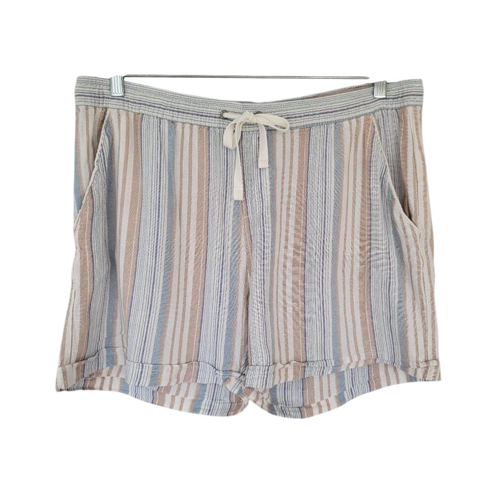 Juniper Lime Striped Linen Shorts Ivory Tan Blue Women Size L Elastic Waist